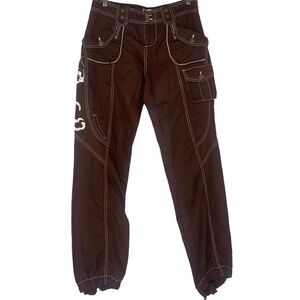 Cache Brown Embroidered Embellished Cargo pants drawstring legs sz 6